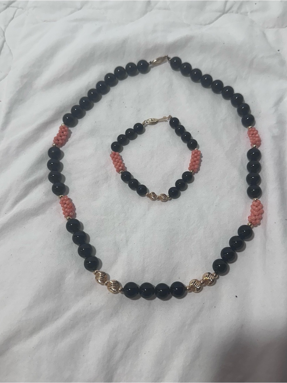 Beaded Black Onyx and Coral Necklace & Bracelet Set
